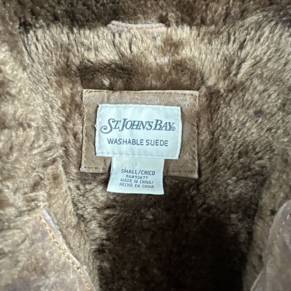 St Johns Bay Washable Suede Coat Womens Sz S 100% Leather Faux Fur Lined Hooded - Picture 5 of 10